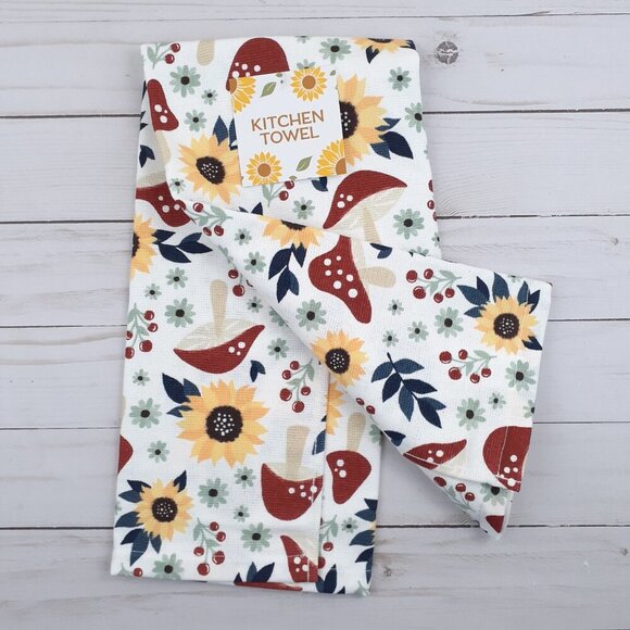 Fall Kitchen Dish Towel Floral Mushroom Navy Leaves Woodland Dual Purpose - Picture 2 of 3
